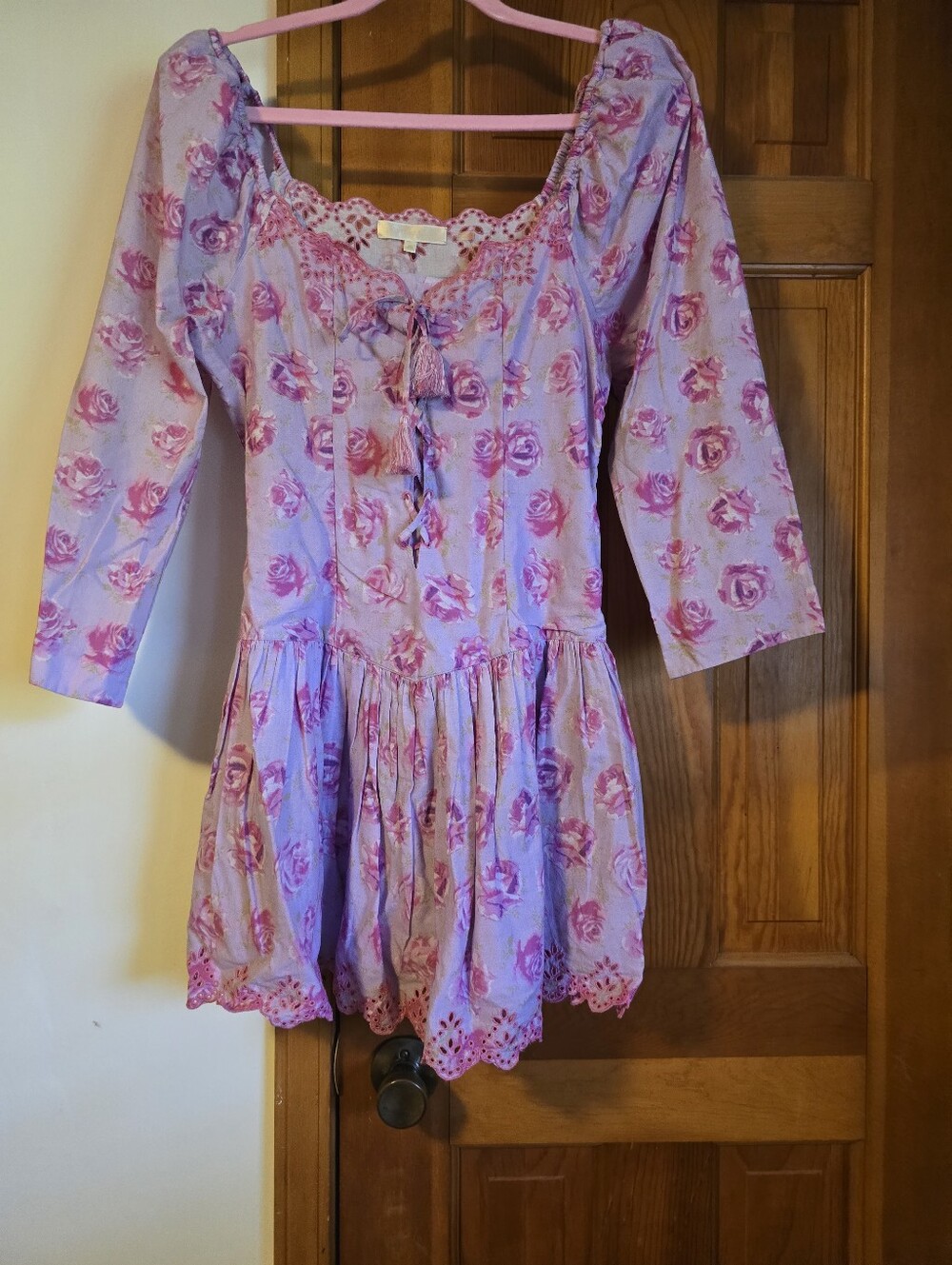 Lilac Floral LoveShackFancy Peasant Dress with Pink Rose Print